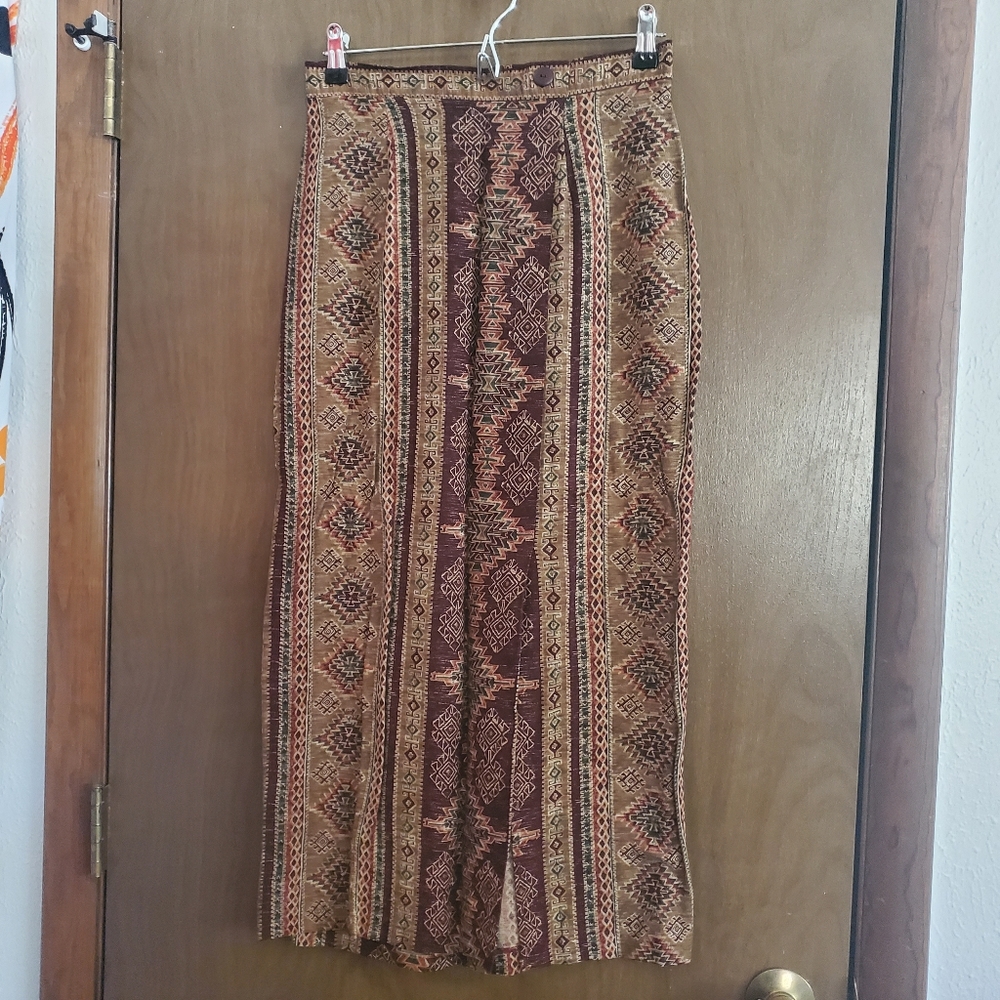 CC Hughes Brown Tan Green Orange Print Skirt w/ Slit Detail
